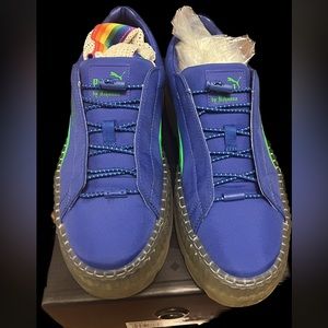 Rihanna x Puma fenty neon green and blue platform creepers fashionable, designer